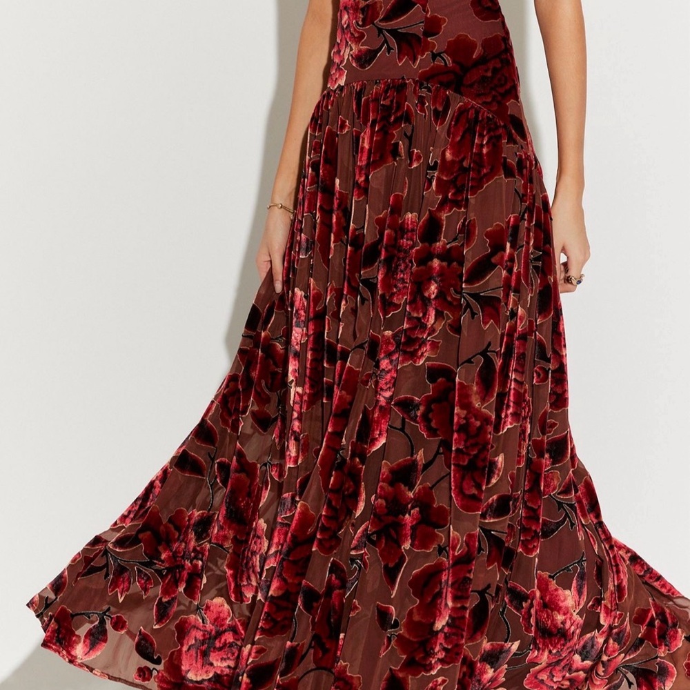 Red Floral Velvet Maxi Skirt